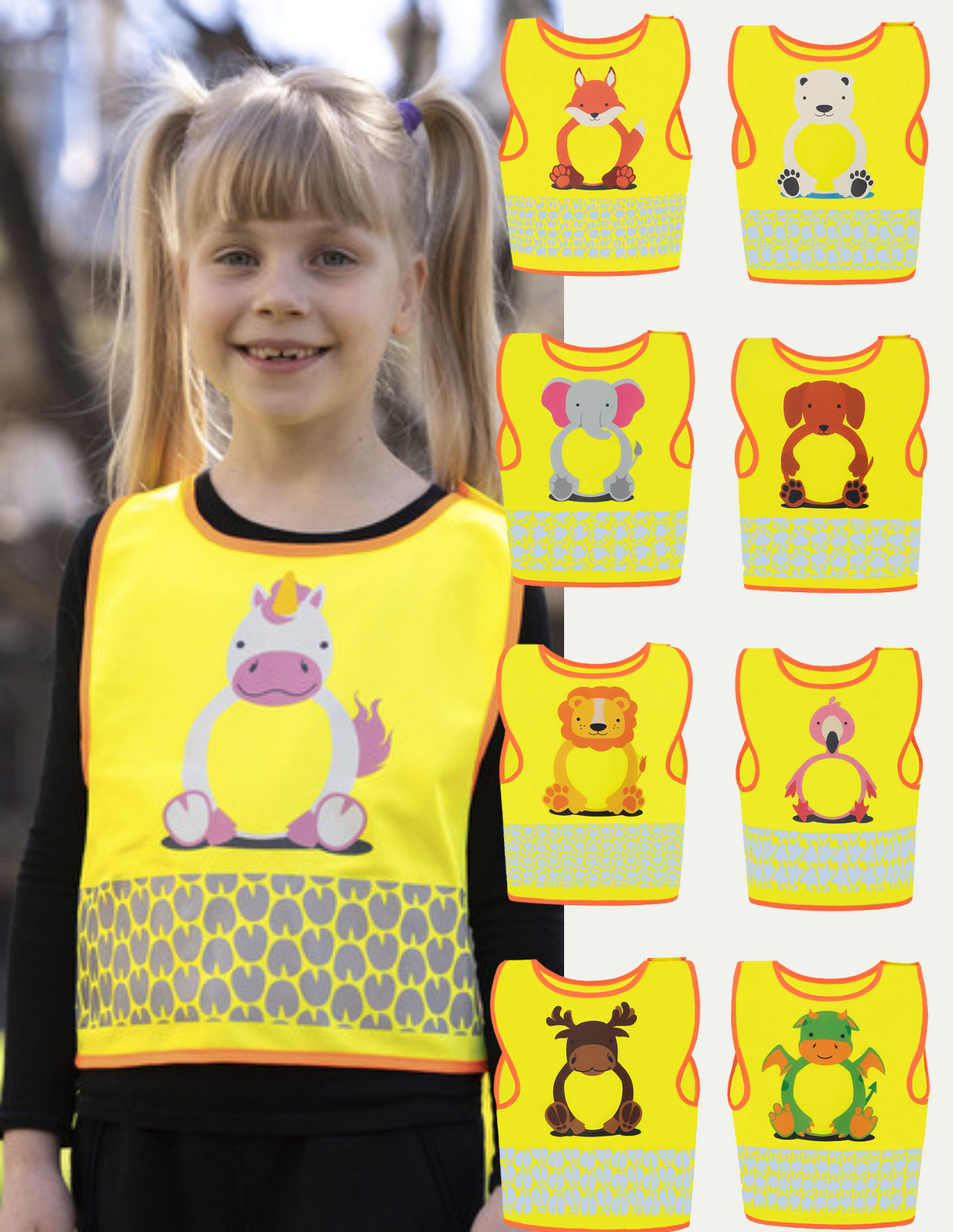 Glimlachend meisje draagt gele dieren-T-shirt; rechts staan meerdere gele mouwloze shirts met verschillende dierafbeeldingen.