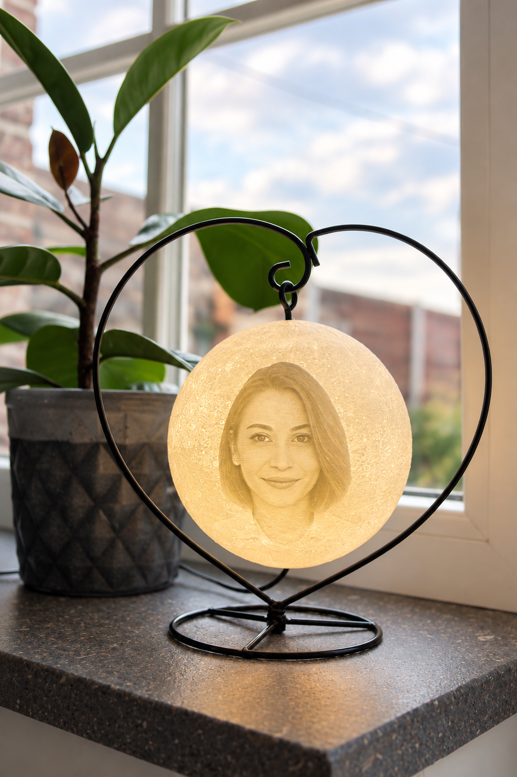 Gouden lamp met vrouwenportret in ronde lamp, op vensterbank naast groene plant en raamlicht.